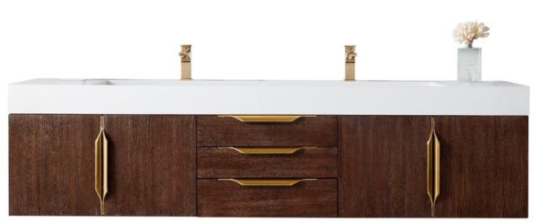 James Martin 389-V72D-CFO-G-GW Mercer Island 72 Inch Double Vanity in Coffee Oak, Radiant Gold with Glossy White Solid Surface Top