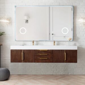 James Martin 389-V72D-CFO-G-GW Mercer Island 72 Inch Double Vanity in Coffee Oak, Radiant Gold with Glossy White Solid Surface Top