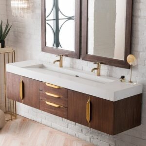 James Martin 389-V72D-CFO-G-GW Mercer Island 72 Inch Double Vanity in Coffee Oak, Radiant Gold with Glossy White Solid Surface Top