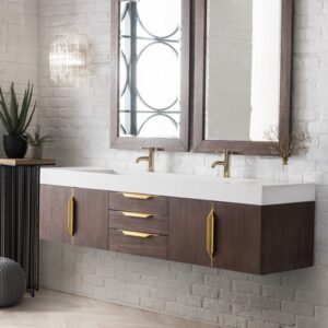 James Martin 389-V72D-CFO-G-GW Mercer Island 72 Inch Double Vanity in Coffee Oak, Radiant Gold with Glossy White Solid Surface Top