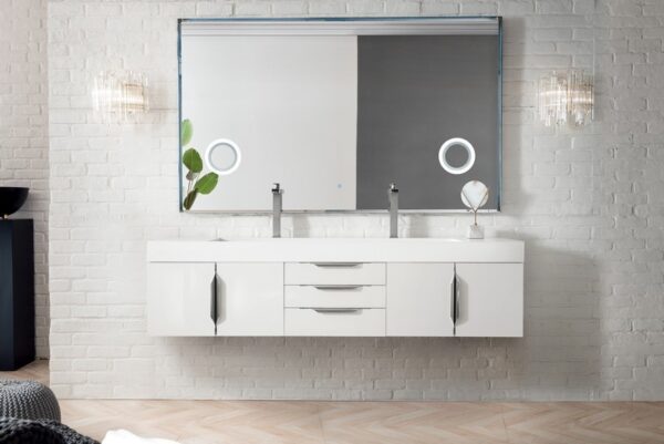 James Martin 389-V72D-GW-A-GW Mercer Island 72 Inch Double Vanity in Glossy White with Glossy White Solid Surface Top