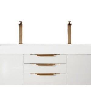 James Martin 389-V72D-GW-G-GW Mercer Island 72 Inch Double Vanity in Glossy White, Radiant Gold with Glossy White Solid Surface Top