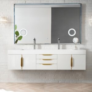 James Martin 389-V72D-GW-G-GW Mercer Island 72 Inch Double Vanity in Glossy White, Radiant Gold with Glossy White Solid Surface Top