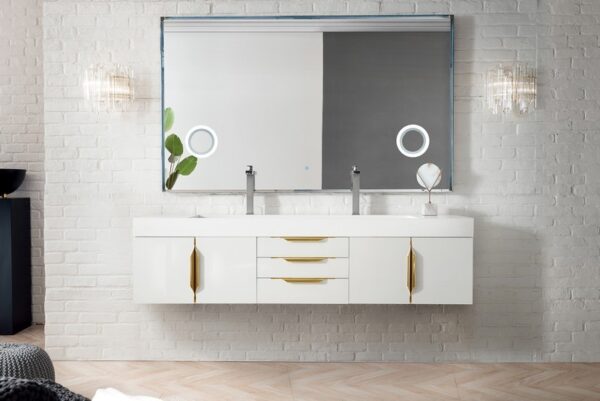 James Martin 389-V72D-GW-G-GW Mercer Island 72 Inch Double Vanity in Glossy White, Radiant Gold with Glossy White Solid Surface Top