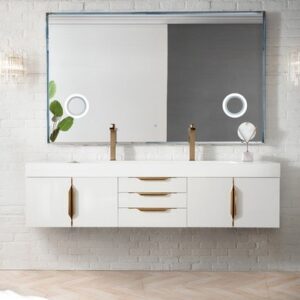 James Martin 389-V72D-GW-G-GW Mercer Island 72 Inch Double Vanity in Glossy White, Radiant Gold with Glossy White Solid Surface Top