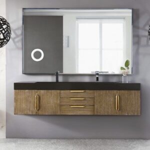 James Martin 389-V72D-LTO-G-GW Mercer Island 72 Inch Double Vanity in Latte Oak, Radiant Gold with Glossy White Solid Surface Top