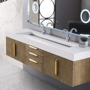 James Martin 389-V72D-LTO-G-GW Mercer Island 72 Inch Double Vanity in Latte Oak, Radiant Gold with Glossy White Solid Surface Top