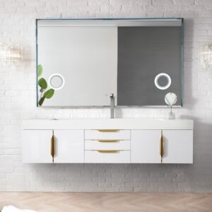 James Martin 389-V72S-GW-G-GW Mercer Island 72 Inch Single Vanity in Glossy White, Radiant Gold with Glossy White Solid Surface Top