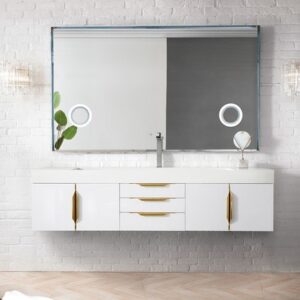 James Martin 389-V72S-GW-G-DGG Mercer Island 72 Inch Single Vanity in Glossy White, Radiant Gold with Glossy Dark Gray Solid Surface Top