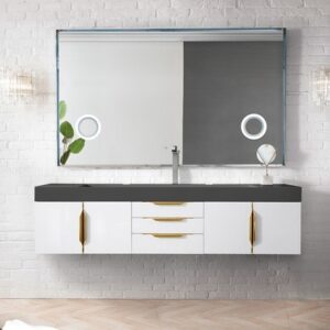 James Martin 389-V72S-GW-G-DGG Mercer Island 72 Inch Single Vanity in Glossy White, Radiant Gold with Glossy Dark Gray Solid Surface Top