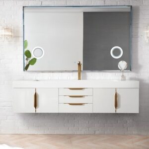 James Martin 389-V72S-GW-G-GW Mercer Island 72 Inch Single Vanity in Glossy White, Radiant Gold with Glossy White Solid Surface Top