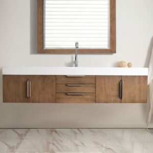 James Martin 389-V72S-LTO-A-GW Mercer Island 72 Inch Single Vanity in Latte Oak with Glossy White Solid Surface Top