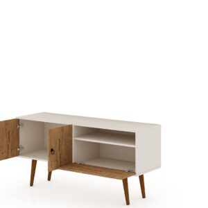 Manhattan Comfort Tribeca 53.94 Mid-Century Modern TV Stand with Solid Wood Legs in Off White and Nature