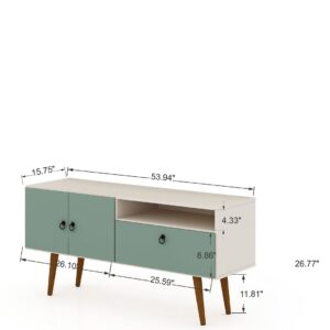 Manhattan Comfort Tribeca 53.94 Mid-Century Modern TV Stand with Solid Wood Legs in Off White and Green Mint