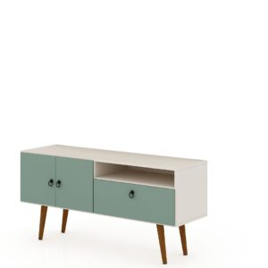 Manhattan Comfort Tribeca 53.94 Mid-Century Modern TV Stand with Solid Wood Legs in Off White and Green Mint