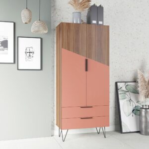 Manhattan Comfort Beekman 67.32 Tall Cabinet with 6 Shelves in Brown and Pink