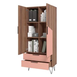 Manhattan Comfort Beekman 67.32 Tall Cabinet with 6 Shelves in Brown and Pink