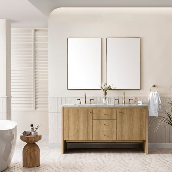 James Martin 435-V60D-LNO-3AF Hudson 60 Inch Light Natural Oak Double Sink Vanity with 3 cm Arctic Fall Top