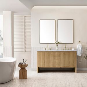 James Martin 435-V60D-LNO-3AF Hudson 60 Inch Light Natural Oak Double Sink Vanity with 3 cm Arctic Fall Top