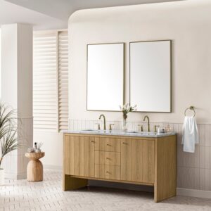 James Martin 435-V60D-LNO-3AF Hudson 60 Inch Light Natural Oak Double Sink Vanity with 3 cm Arctic Fall Top