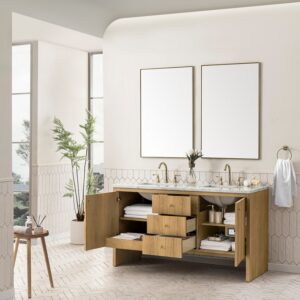 James Martin 435-V60D-LNO-3AF Hudson 60 Inch Light Natural Oak Double Sink Vanity with 3 cm Arctic Fall Top