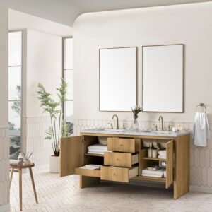 James Martin 435-V60D-LNO-3EJP Hudson 60 Inch Light Natural Oak Double Sink Vanity with 3 cm Eternal Jasmine Pearl Top