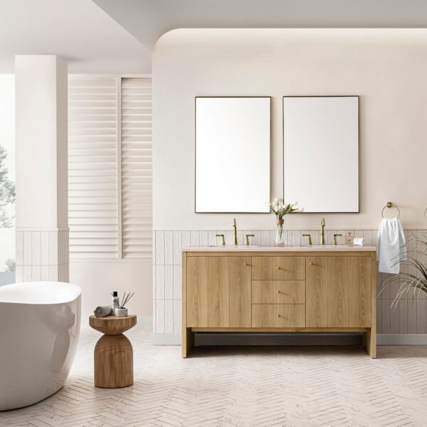 James Martin 435-V60D-LNO-3EMR Hudson 60 Inch Light Natural Oak Double Sink Vanity with 3 cm Eternal Marfil Top