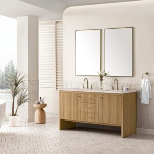 James Martin 435-V60D-LNO-3EMR Hudson 60 Inch Light Natural Oak Double Sink Vanity with 3 cm Eternal Marfil Top