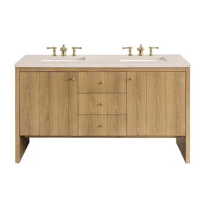 James Martin 435-V60D-LNO-3EMR Hudson 60 Inch Light Natural Oak Double Sink Vanity with 3 cm Eternal Marfil Top