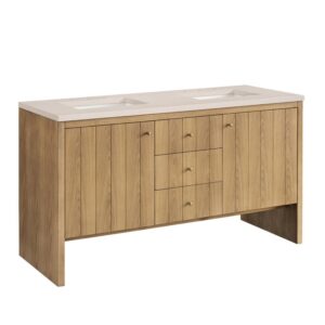 James Martin 435-V60D-LNO-3EMR Hudson 60 Inch Light Natural Oak Double Sink Vanity with 3 cm Eternal Marfil Top