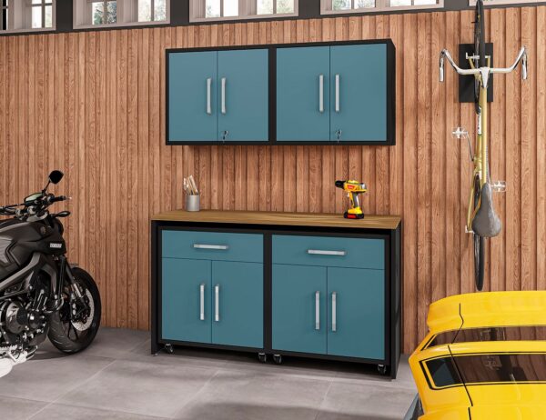 Manhattan Comfort Eiffel 5-Piece Garage Storage Set in Matte Black and Aqua Blue