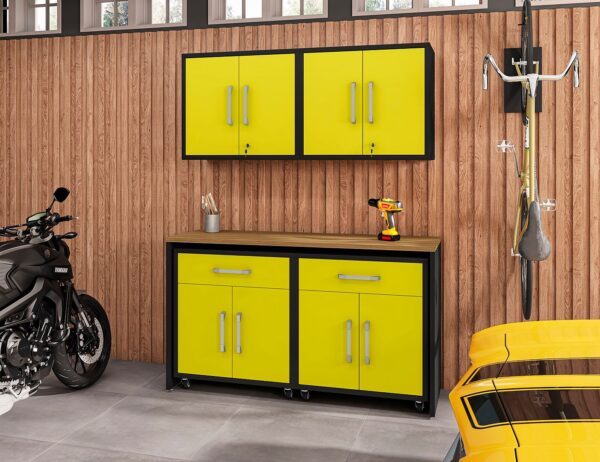 Manhattan Comfort Eiffel 5-Piece Garage Storage Set in Matte Black and Yellow