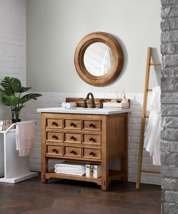 James Martin 500-V36-HON-3ENC Malibu 36 Inch Single Vanity Cabinet with Ethereal Noctis Quartz Top - Honey Alder