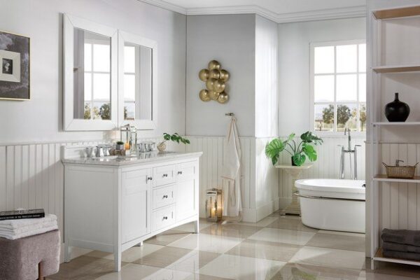 James Martin 527-V60D-BW-3CAR Palisades 60 Inch Double Vanity in Bright White with 3 cm Carrara Marble Top