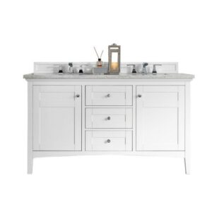 James Martin 527-V60D-BW-3CAR Palisades 60 Inch Double Vanity in Bright White with 3 cm Carrara Marble Top