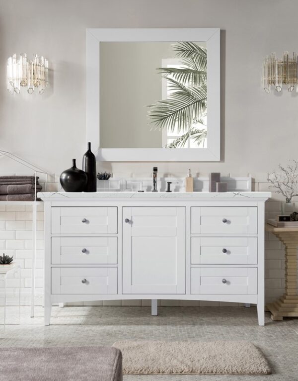 James Martin 527-V60S-BW-3ENC Palisades 60 Inch Single Vanity Cabinet with Ethereal Noctis Quartz Top - Bright White