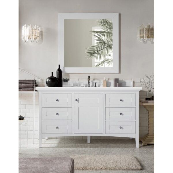 James Martin 527-V60S-BW-3WZ Palisades 60 Inch Single Vanity in Bright White with 3cm White Zeus Quartz Top