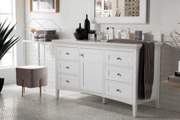 James Martin 527-V60S-BW-3AF Palisades 60 Inch Single Vanity in Bright White with 3 cm Arctic Fall Solid Surface Top