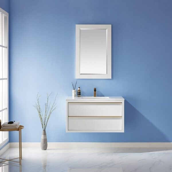 Altair 534036-WH-AW Morgan 36 Inch Single Sink Bathroom Vanity Set with Composite Carrara White Stone Countertop and Mirror