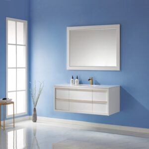 Altair 534048-WH-AW Morgan 48 Inch Single Sink Bathroom Vanity Set with Composite Carrara White Stone Countertop and Mirror