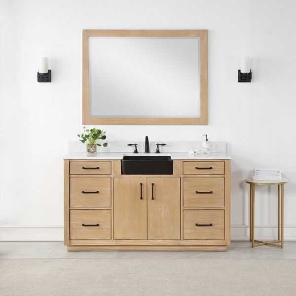 Altair 550060S-WP-AW Novago 60 Inch Single Sink Bathroom Vanity with Carrara White Composite Stone Countertop and Farmhouse Sink with Mirror