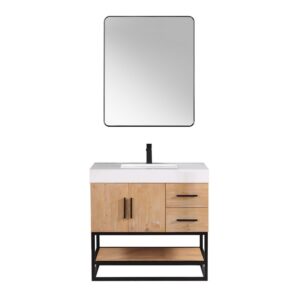 Altair 552036-LB-WH Bianco 35 5/8 Inch Single Bathroom Vanity in Light Brown with White Composite Stone Countertop and Mirror