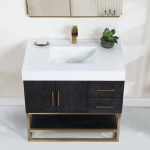 Altair 552036G-BO-WH-NM Bianco 36 Inch Brushed Gold Support Base Freestanding Single Bathroom Vanity in Black Oak with White Composite Stone Countertop without Mirror