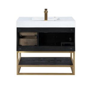 Altair 552036G-BO-WH-NM Bianco 36 Inch Brushed Gold Support Base Freestanding Single Bathroom Vanity in Black Oak with White Composite Stone Countertop without Mirror