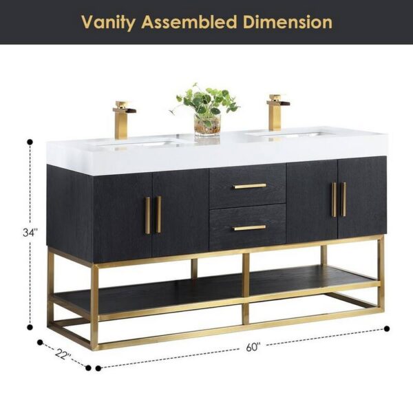 Altair 552060G-BO-WH Bianco 60 Inch Brushed Gold Support Base Freestanding Double Bathroom Vanity in Black Oak with White Composite Stone Countertop and Mirror