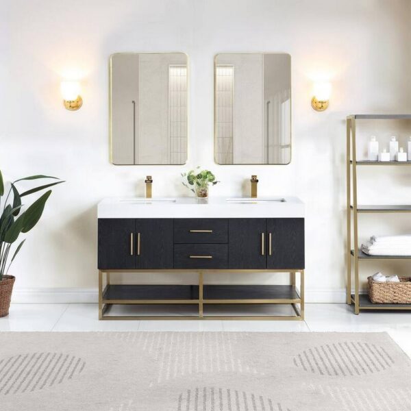 Altair 552060G-BO-WH Bianco 60 Inch Brushed Gold Support Base Freestanding Double Bathroom Vanity in Black Oak with White Composite Stone Countertop and Mirror