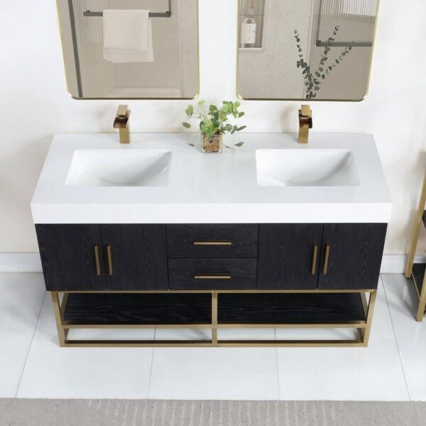 Altair 552060G-BO-WH Bianco 60 Inch Brushed Gold Support Base Freestanding Double Bathroom Vanity in Black Oak with White Composite Stone Countertop and Mirror