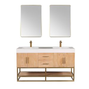 Altair 552060-LB-WH Bianco 59 5/8 Inch Double Bathroom Vanity in Light Brown with White Composite Stone Countertop and Mirror