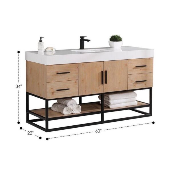 Altair 552060SB-LB-WH Bianco 60 Inch Matte Black Support Base Freestanding Single Bathroom Vanity in Light Brown with White Composite Stone Countertop and Mirror