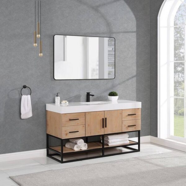 Altair 552060SB-LB-WH Bianco 60 Inch Matte Black Support Base Freestanding Single Bathroom Vanity in Light Brown with White Composite Stone Countertop and Mirror